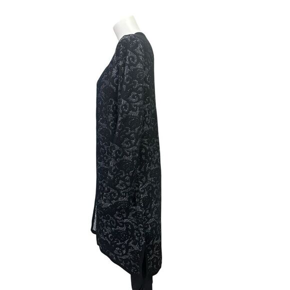 Chico’s Black Silver Metallic Brocade Wool Blend‎ Open Front Midi Cardigan sz M - Picture 5 of 10